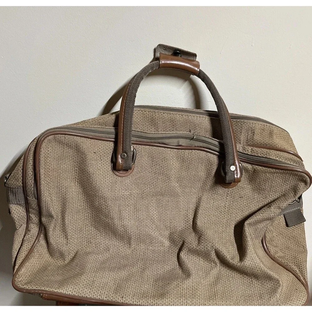 Iconic Pierre Cardin Travel Gym Bag 4 zip Suitcase Brown Tweed Luggage Tag